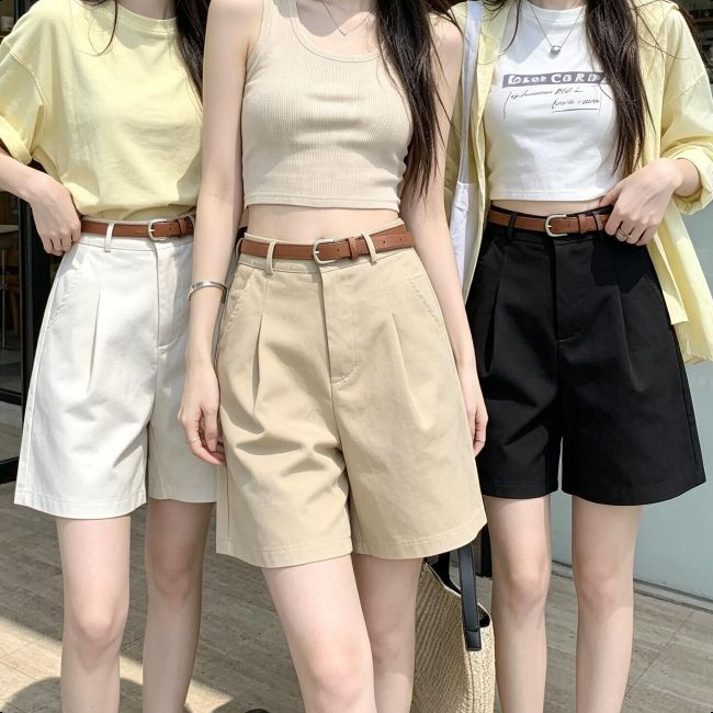 Aurae กางเกงขาสั้นสูทหลวม 3 สี ดีไซน์เอวสูง ทรงขาตรงครึ่งเข่า