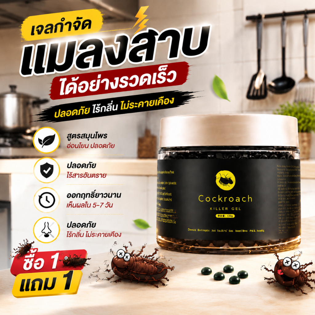ซื้อ 1 แถม 1 เจลไล่แมลงสาบ สูตรสมุนไพร เห็นผลเร็ว ใช้งานได้นาน ปลอดภัย ไม่มีกลิ่นฉุน 120 กรัม