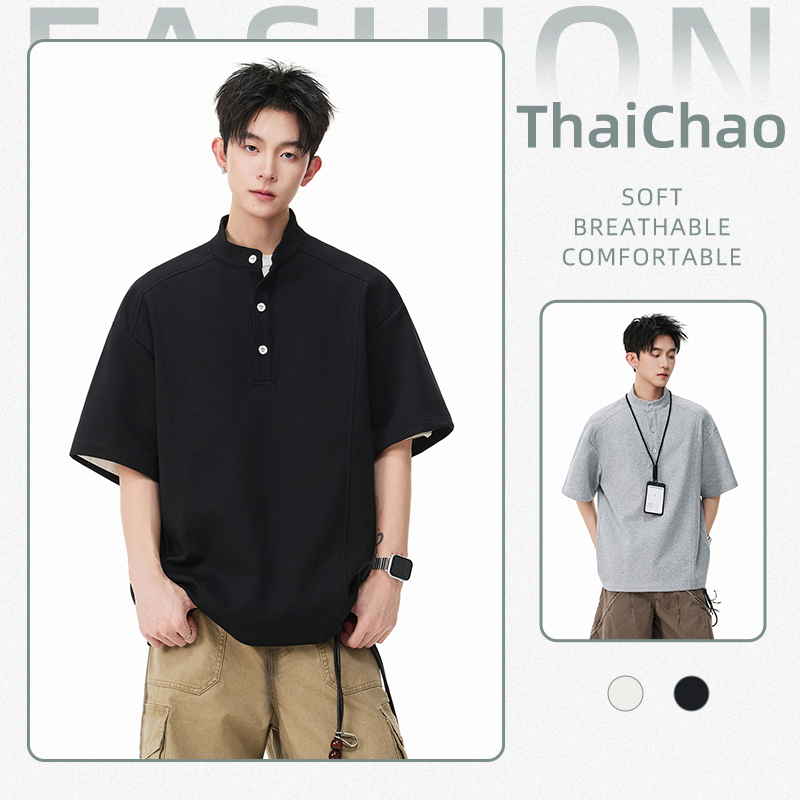 เสื้อเชิ้ตลำลองผู้ชาย สีพื้น คอตั้ง แขนสั้น ทรงหลวม สไตล์มินิมอล พรีเมียม อเนกประสงค์