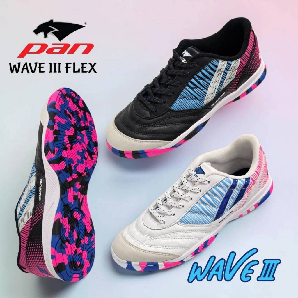 รองเท้าฟุตซอลหนังแท้ Pan Wave III Flex (Pan) วัสดุหนังวัว Nappa ผสม Elvaloy ให้ความนุ่ม เบา และหน้าเท้ากว้างสวมใส่สบาย
