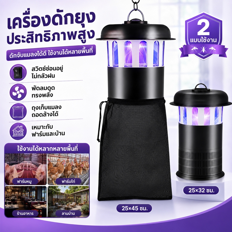 เครื่องดักยุงและแมลง แสงไฟดึงดูดยุง แขวนได้ แรงดูดสูง ปราศจากรังสี สตรีมีครรภ์และทารกใช้ได้ ใช้ในในบ้านกลางแจ้ง ฟาร์ม
