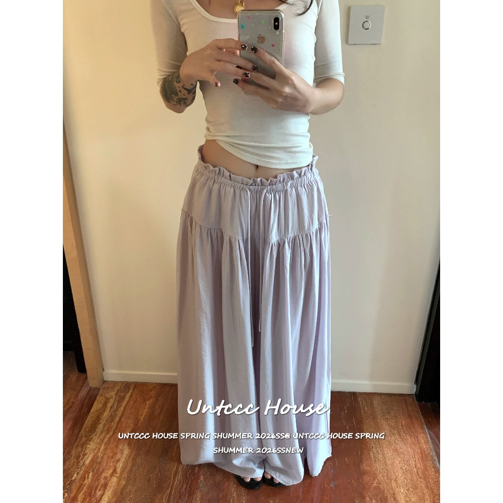 [Summer Dry Smocked Wide Pants]กางเกงขายาวทรงกว้างเอวย่นผ้าแห้งเร็วฤดูร้อน ไม่รัดหน้าท้อง ปกปิดสะโพกได้ดี