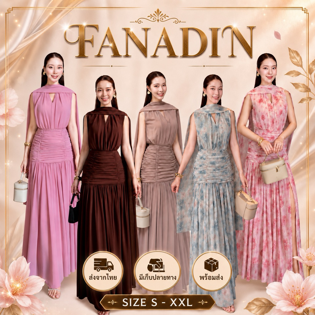 ชุดเดรส ชุดออกงาน ชุดราตรี FP079 เกรดพรีเมี่ยม คอกลม รูดๆทั้งตัว ผ้าชีฟอง