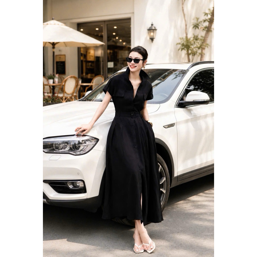 ONLY ME  Midi Dress เดรสสึดำ ผ้าคอตตอน+ลินิน สะโพกปล่อย ผ้านิ่ม ตัวนี้สวย หรู ดูแพง