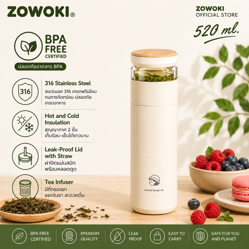 ZOWOKI LCB 520 ml. แก้วเก็บอุณหภูมิพร้อมที่กรองชา แก้วเก็บความร้อนเย็น แก้วชาพกพา BPA FREE