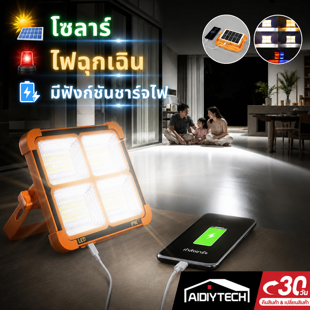 AIDIY โคมไฟสปอร์ตไลท์ LED โซล่าเซลล์ ไฟฉุกเฉินพกพา กันน้ำ IP65 ชาร์จมือถือได้ สำหรับแคมป์ปิ้ง ส่งด่วน