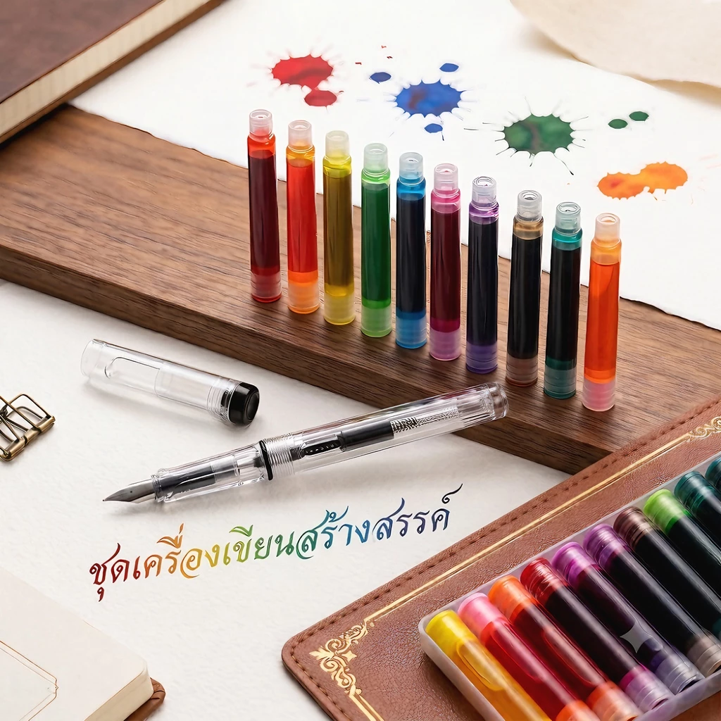 ปากกาหมึกซึม EF 0.38 มม แบบใส รีฟิลได้ พร้อมหมึก 10 หลอด ปากกาคัดลายมือ นักเรียน ออฟฟิศ