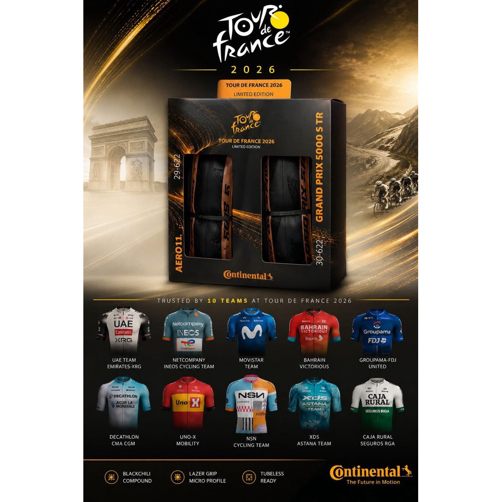 ยาง Continental Tour de France 2026 Limited Edition มาเป็นแพ็คคู่ Aero111 29mm + GP5000S TR 30mm