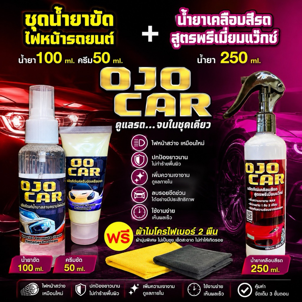 เซต 2 ชุด OJOCAR น้ำยาขัดไฟหน้ารถยนต์ 100ml เคลือบสีรถยนต์ พรีเมียมแว๊กซ์ 250ml แถมฟรี*ผ้าไมโครไฟเบอ