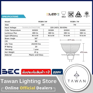 BEC หลอดไฟแอลอีดี 5w 7w MR16 GU5.3 ไฟ220V แสงขาว แสงเหลือง LED MR16 รุ่น Robin ต่อตรง ไม่ผ่านบัลลาสต์