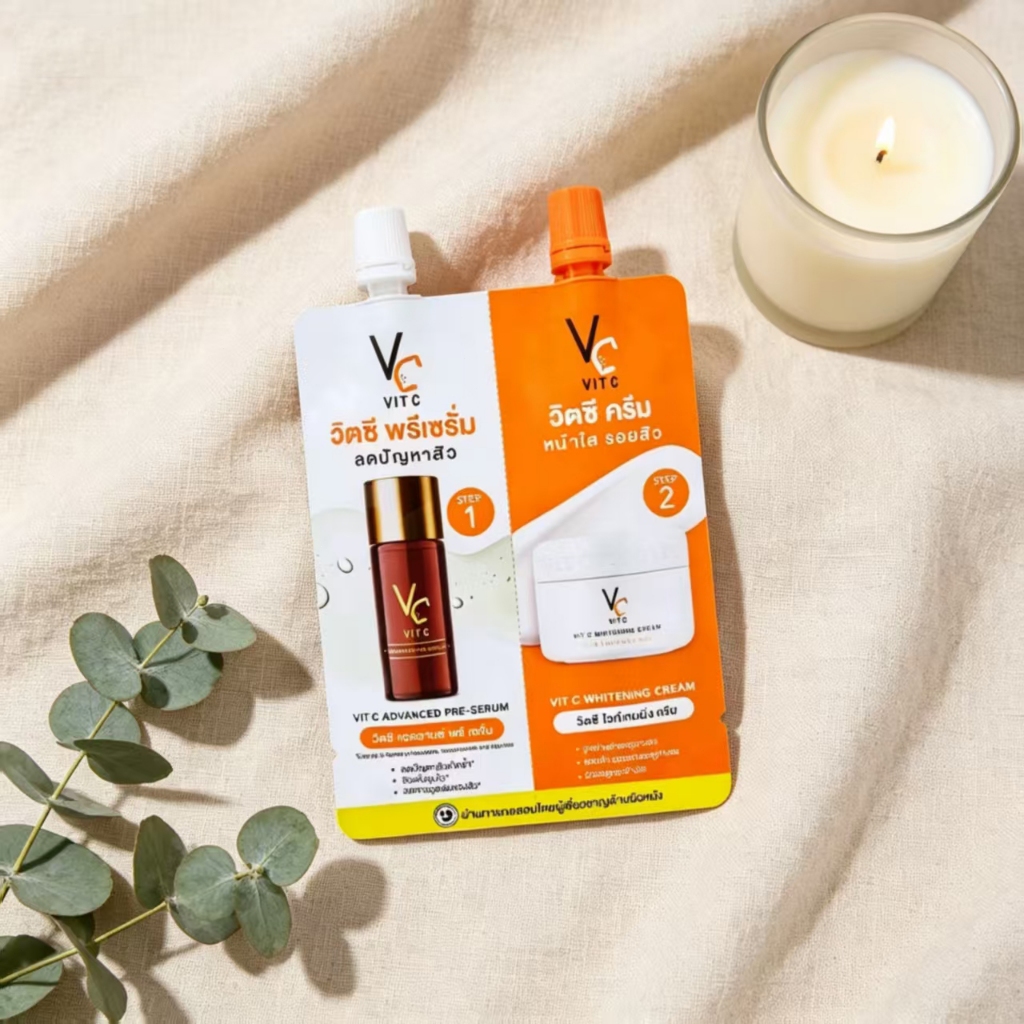วิตซีซองคู่ VC Vit C Essential Lotion & Whitening Cream ลดสิว รอยดำ 1 ซอง ด้วยส่วนผสมที่มีประสิทธิภาพ