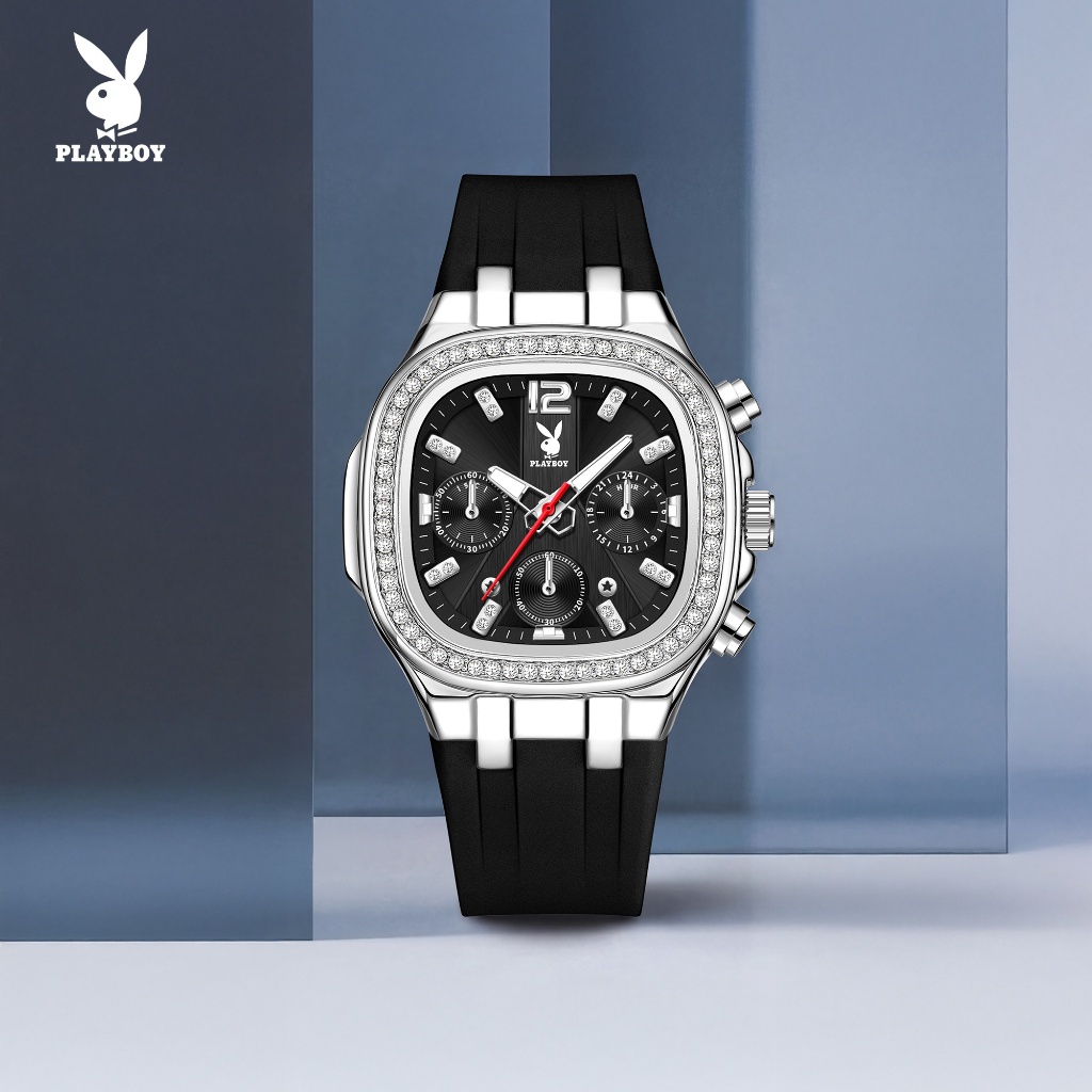 PLAYBOY นาฬิกา ผู้หญิง watch แท้ ยาง สายนาฬิกา กันน้ำ แฟชั่น หน้าปัดฝังเพชร 3076L