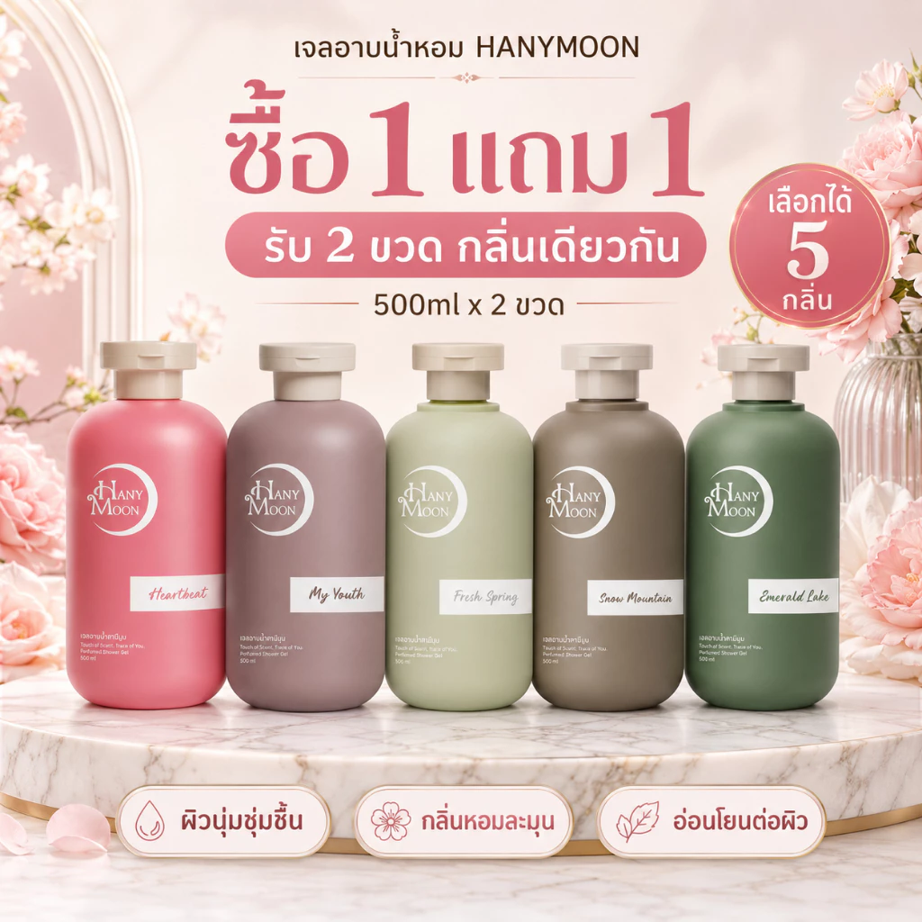 HANYMOON เจลอาบน้ำเพิ่มความชุ่มชื้น ซื้อ 1 แถม 1 สำหรับผิวแห้ง อาบแล้วผิวนุ่ม ไม่แห้งตึง 500ml x 2 ขวด