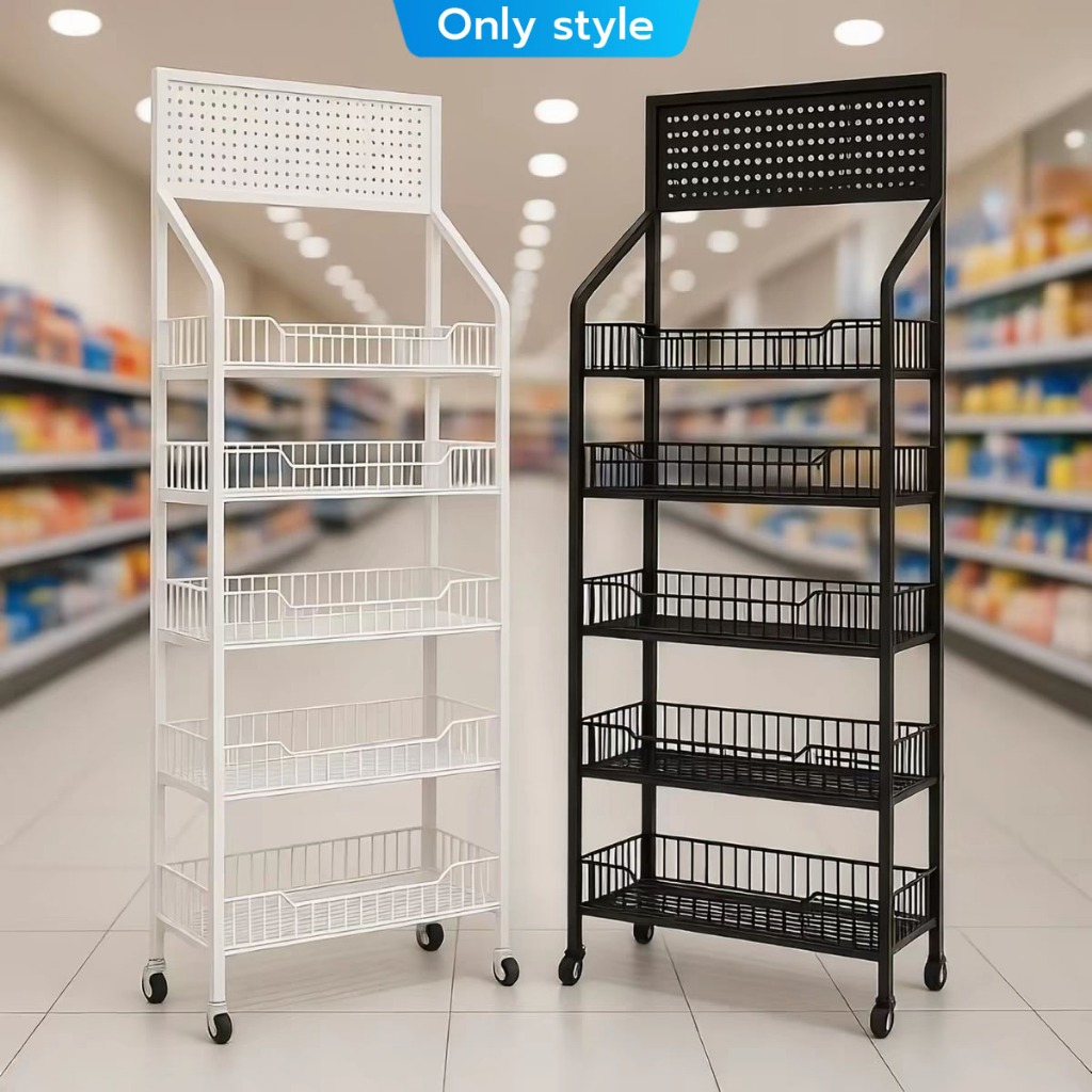 ชั้นวางสินค้า 3/4/5ชั้น ชั้นขายของมีล้อ มินิมาร์ท พร้อมแผงแขวน
