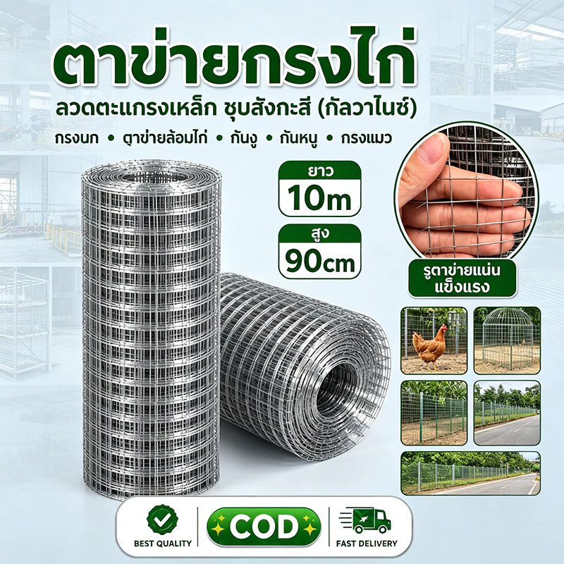 ตาข่ายลวดเหล็ก ชุบกัลวาไนซ์ 1"1/2" I ยาว10-30เมตร x สูง90ซม I ลวดตาข่าย กรงนก กรงไก่ ตาข่ายกันนก กันงู กันหนู