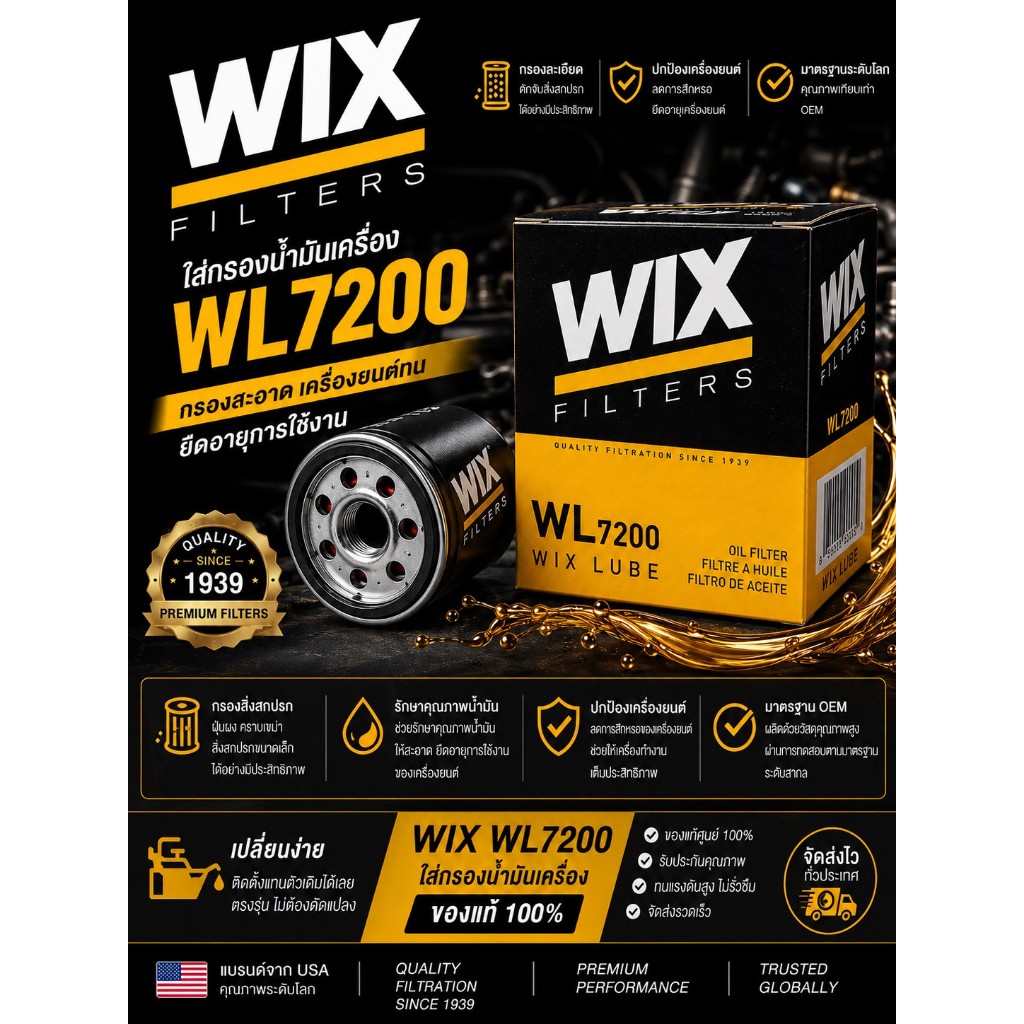 กรองน้ำมันเครื่อง WIX รุ่น WL7200 สำหรับรถจักรยานยนต์