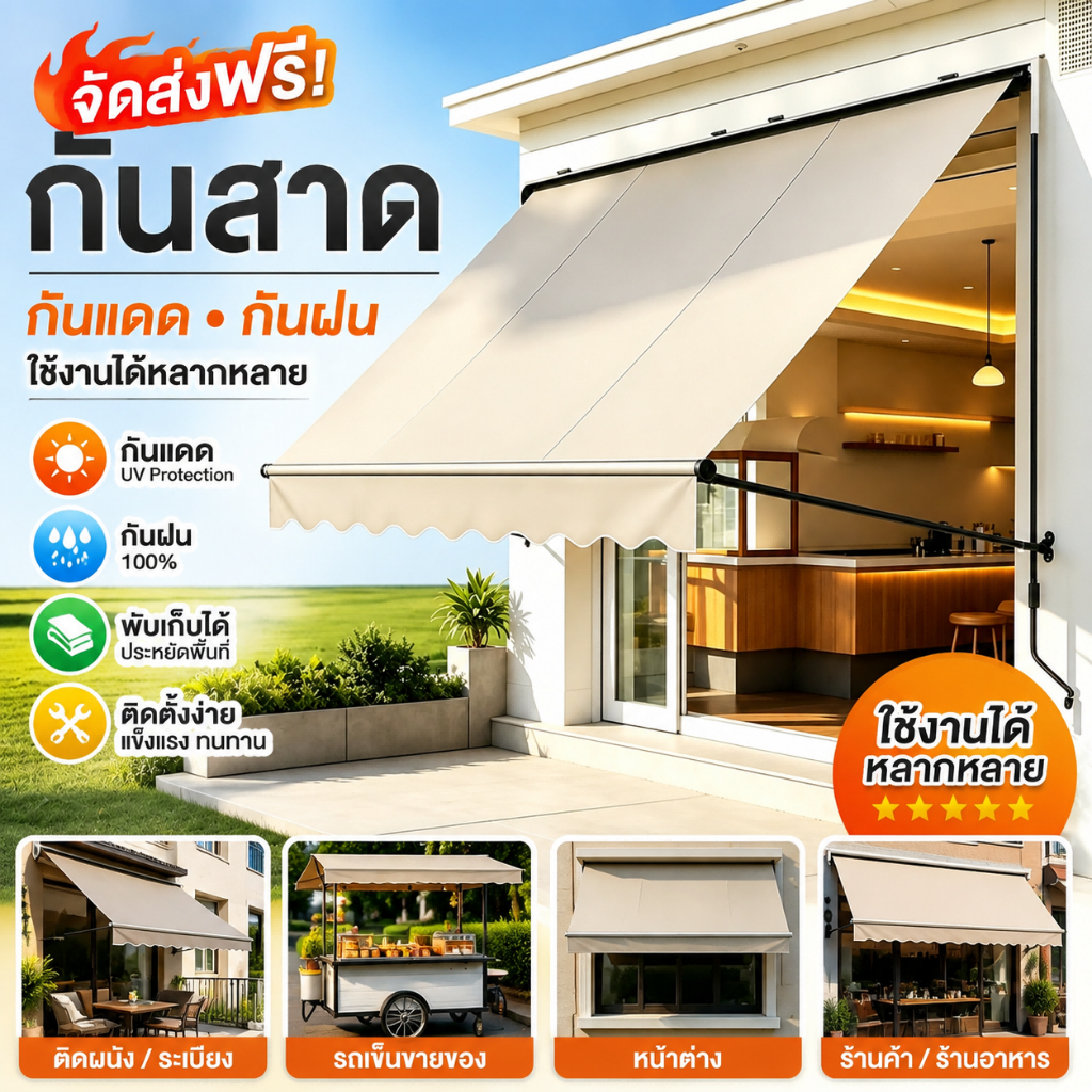กันสาดแนวตั้งปรับได้ กันสาดปรับมุมด้วยมือ ท่อเหล็กอาบสังกะสีเพิ่มหนา ผ้าใบกันน้ำเพิ่มหนา เหมาะสำหรับระเบียง สนามหญ้า