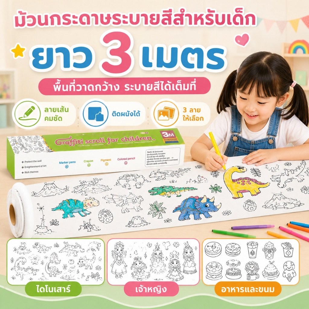 ม้วนกระดาษระบายสีเด็ก 3 เมตร โปสเตอร์ระบายสีติดผนัง ลายไดโนเสาร์ เจ้าหญิง อาหาร กิจกรรมศิลปะเด็ก
