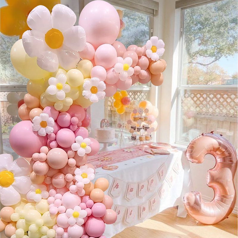 ชุดลูกโป่งดอกเดซี่ 125Pcs สีครีมชมพู Balloon Garland Arch อุปกรณ์ตกแต่งปาร์ตี้วันเกิดเด็กผู้หญิง