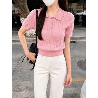 MQzz4289 *พร้อมส่ง* เสื้อไหมพรมแขนสั้นคอปก ถักลายเคเบิ้ล ทรงสวย ใส่สบาย Freesize