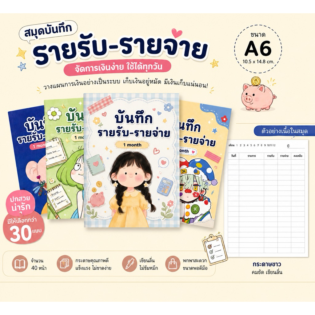 สมุดรายรับ-รายจ่าย A6 [พกพาง่าย] 40 หน้า สมุดบัญชีเล่มเล็ก ออมเงิน น่ารัก SB