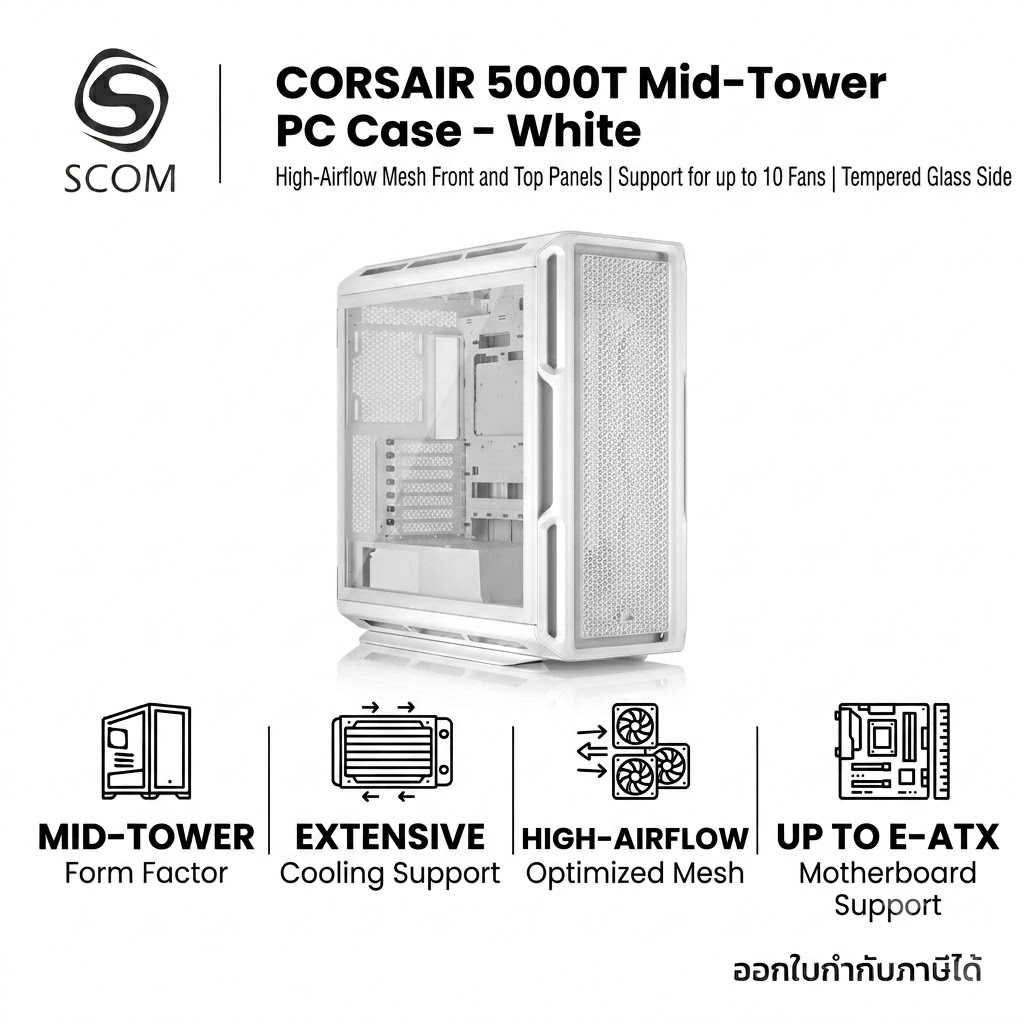(CASE) เคส CORSAIR 5000T Mid-Tower PC Case - White