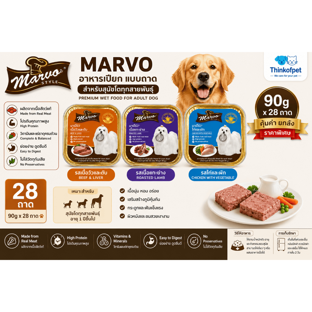 [ยกลัง 28 ถาด] มาร์โว่ Marvo อาหารเปียกสุนัข 90gx28 ถาด
