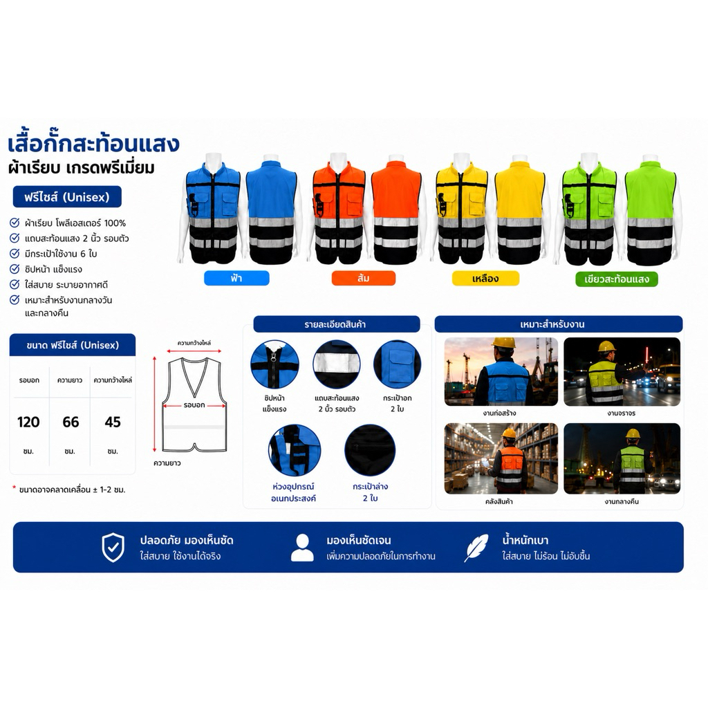 (ออกใบกำกับภาษีได้)เสื้อกั๊กสะท้อนแสง รุ่นงานคอกลม ขนาดฟรีไซส์ มีกระเป๋าหลายช่อง