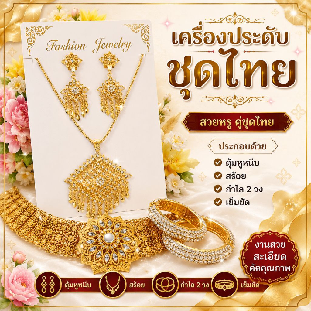 เครื่องประดับชุดไทยเซ็ตเล็ก-ใหญ่ เครื่องประดับมุก ต่างหูแบบหนีบ(สำหรับเด็ก)mm