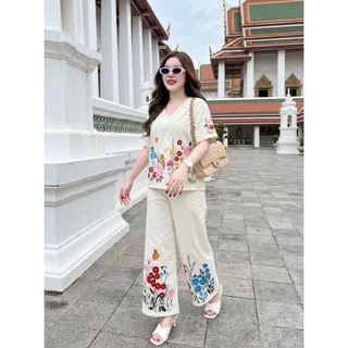 A1579 ชุดเซตเสื้อ + กางเกงขายาว ลินิน สีครีม ปักดอกไม้สีสัน