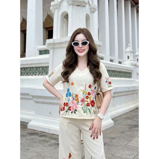 A1579 ชุดเซตเสื้อ + กางเกงขายาว ลินิน สีครีม ปักดอกไม้สีสัน