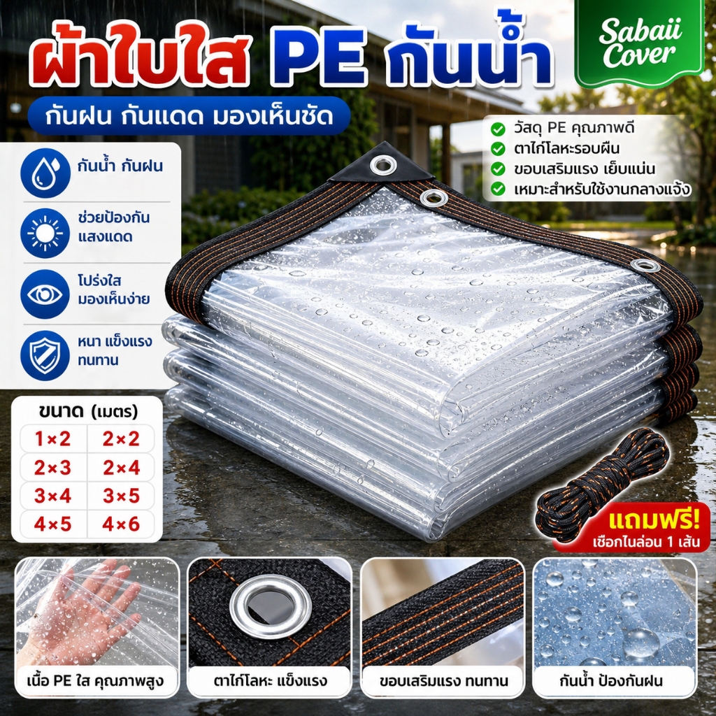 【แถมเชือก】ผ้าใบกันฝนใส PE หนา พร้อมรูร้อยเชือก  กันลม ใช้ได้หลากหลาย กันน้ำ 100%  กันสาด กันฝน  กันลม