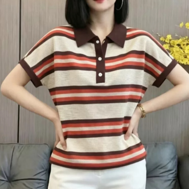 เสื้อโปโลแขนสั้นลายทางสีสันสดใสสำหรับผู้หญิง ดีไซน์หรูหรา ประณีต ใช้งานได้หลากหลาย สไตล์ใหม่สำหรับฤดูร้อน ดูอ่อนเยาว์ สบ