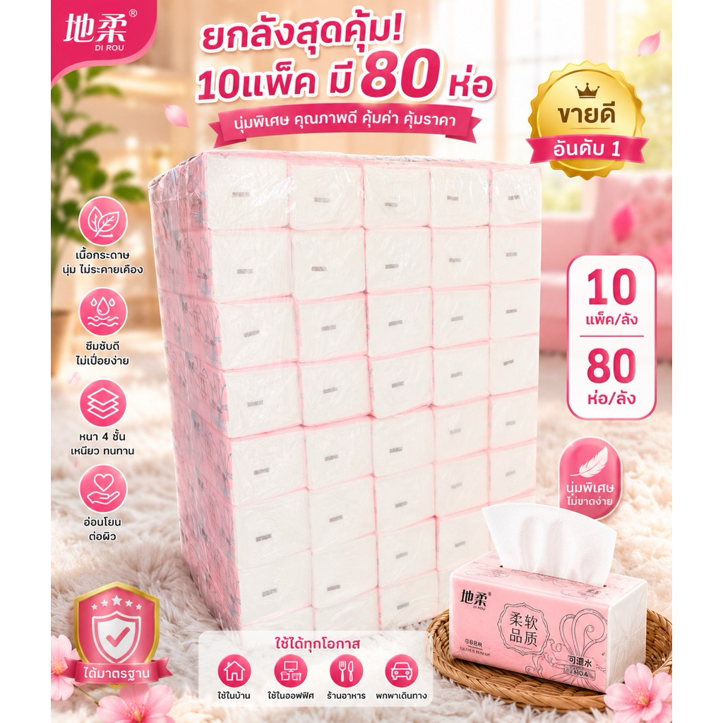 กระดาษทิชชู่ห่อชมพูยกลัง80ห่อราคาส่ง