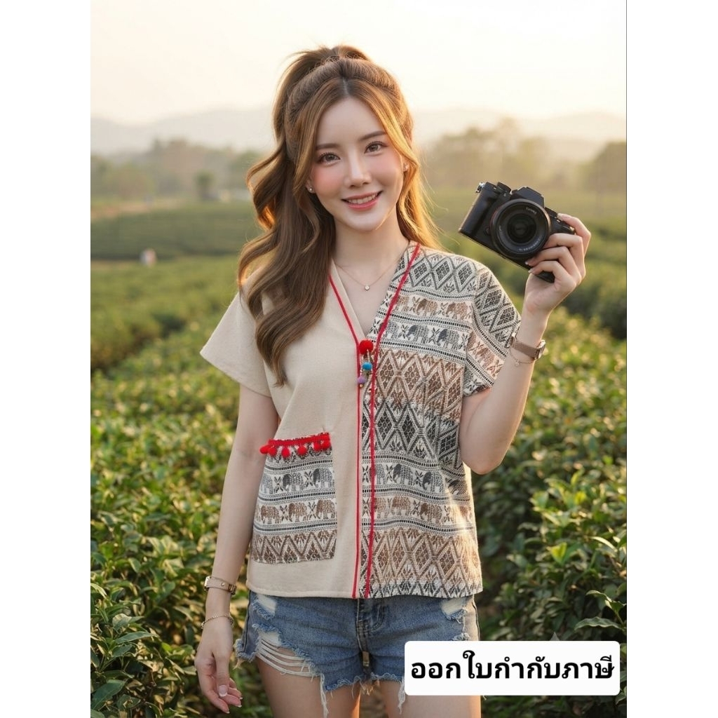 เสื้อผ้าฝ้ายเชียงใหม่ 2โทน ทรงกระเหรี่ยง แขนเลยไหล่ อก 42,ยาว21นิ้ว