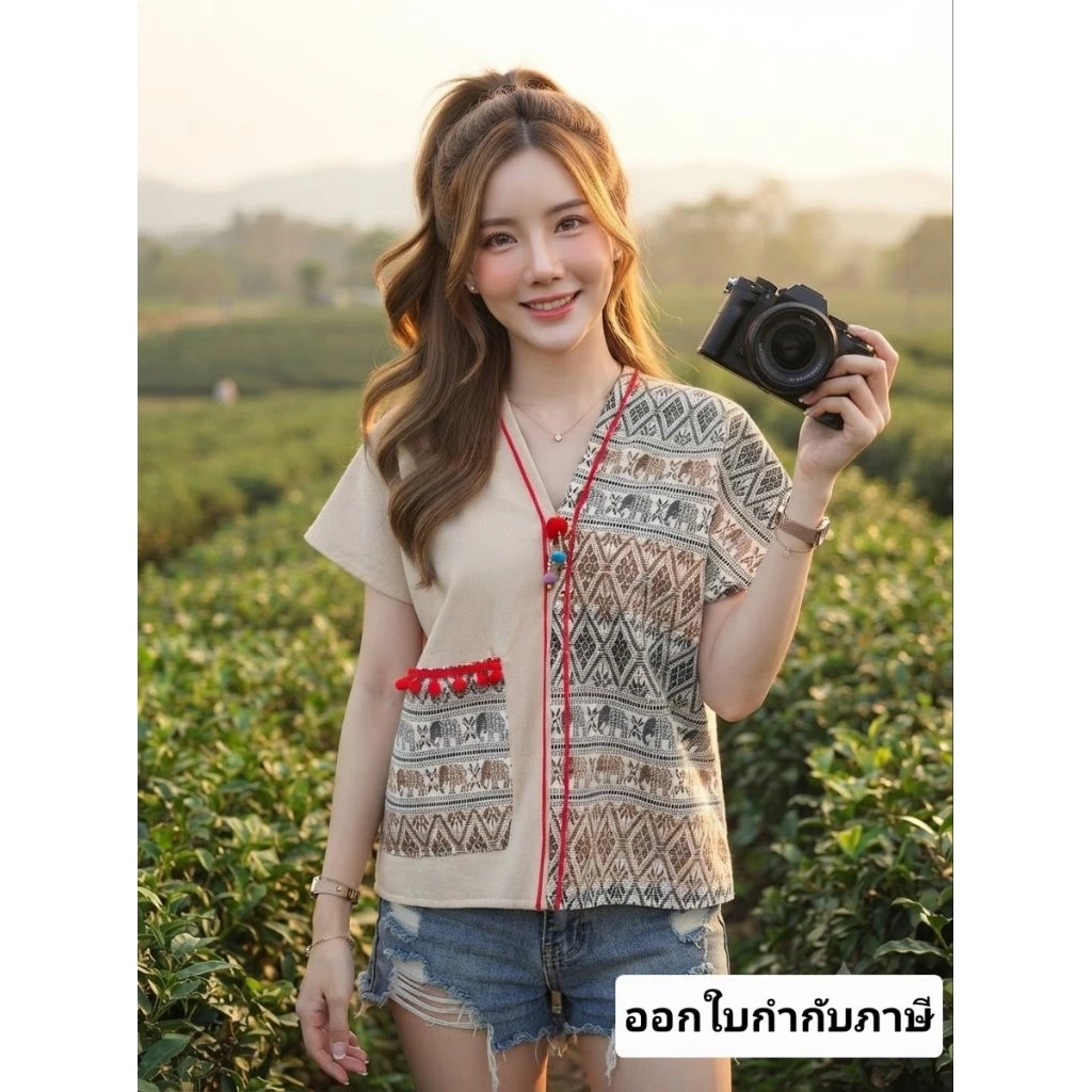 เสื้อผ้าฝ้ายเชียงใหม่ 2โทน ทรงกระเหรี่ยง แขนเลยไหล่ อก 42,ยาว21นิ้ว