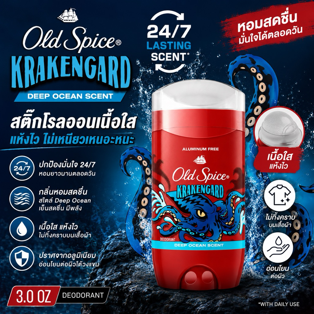 หอมสะอาดสไตล์Deep Ocean นำเข้า Old Spice Aluminum Free Deodorant for 3.0 oz. สติ๊กเนื้อเจลสีฟ้าใสทาแล้วแห้งไวสบายวงแขน