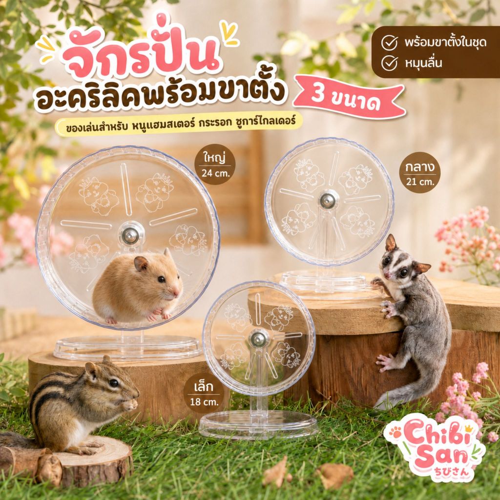 จักรปั่นหนูแฮมสเตอร์ อะคริลิคพร้อมขาตั้ง 18 21 24 ซม. สำหรับชูการ์ไกลเดอร์ กระรอก