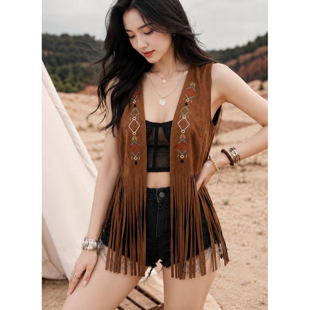 เสื้อกั๊กคาวบอย ปักลาย | Fringe Vest สีน้ำตาลจำหน่าย เฉพาะเสื้อกั๊ก 1 ตัว