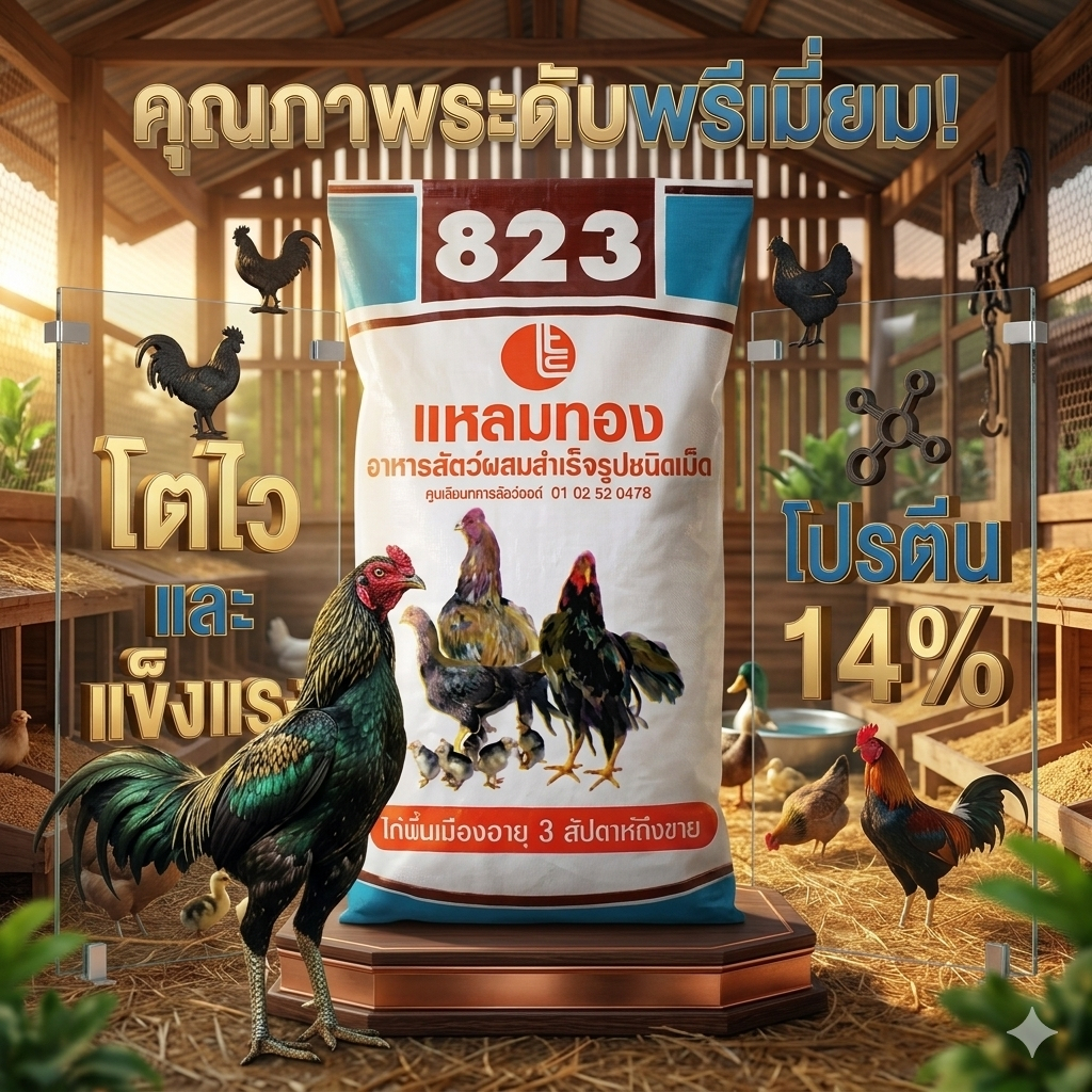 [ส่งฟรีร้านโค้ดคุ้ม] อาหารไก่แหลมทอง 823 อาหารไก่พื้นเมือง โปรตีน14% ไก่ชน ไก่บ้าน เป็ด ห่าน อายุ 3 