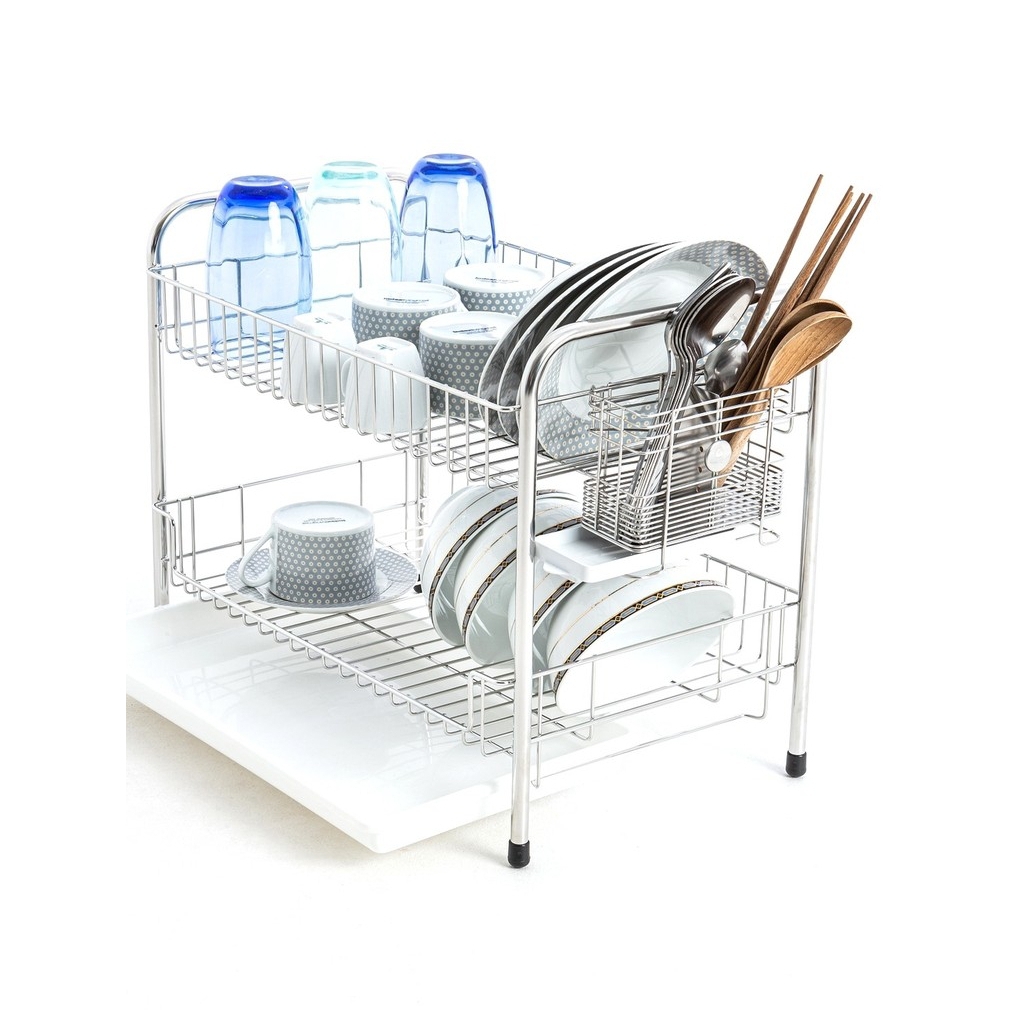 Kowa homewareKWH-S003Kowahomewareชั้นวางจานสเตนเลสเกรด304อเนกประสงค์แบบ2ชั้นมีถาดรองน้ำ + ที่ใส่ช้อนสเตนเลส เกรด SUS 304