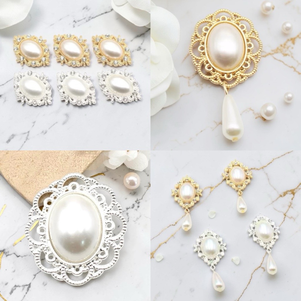 จี้ติดโบว์​ ตุ้งติ้งติดโบว์​ 1ชิ้น โลหะประดับเพชรล้อมมุก สำหรับงานฝีมือ DIY