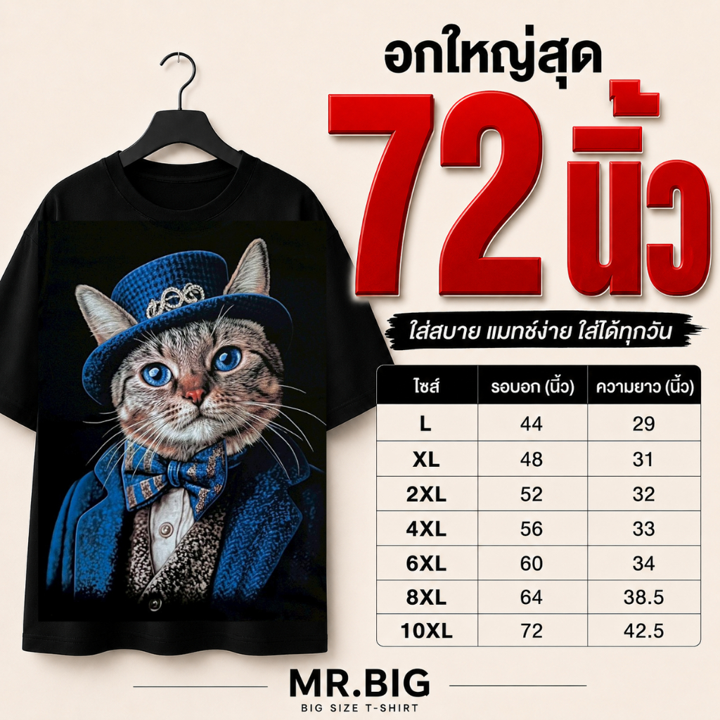 เสื้อยืดไซส์ใหญ่ ลายแมว เสื้อยืดผู้ชาย S -10XL ผ้า COTTON 100% Big Size คนอ้วน