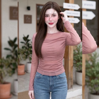 สินค้าพร้อมส่ง เสื้อแฟชั่น ผ้าซีทรูพรีเมี่ยม แขนยาว แต่งเลเยอร์จับจีบข้าง ทรงสวยรัดรูป ใส่สบาย ดีไซส์สวย เรียบหรู