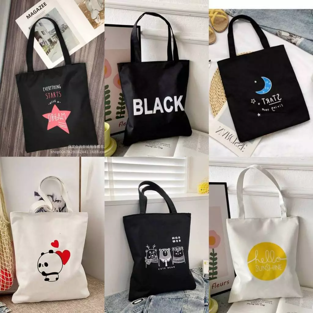 กระเป๋าผ้ามีซิป กระเป๋าเคียง ถุงผ้าชอปปิ้ง สกรีนลายมินิมอล 33*38 ซม.ใส่ของได้เยอะ ทรงโท้ท