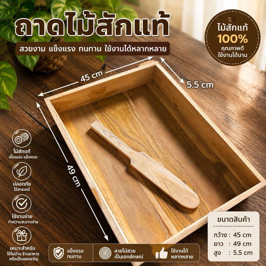 ถาดคนข้าวเหนียว ถาดไม้สักแท้ ขนาด 45x49x5.5 ซม. พร้อมไม้คนข้าว ออกใบกำกับภาษีได้ค่ะ