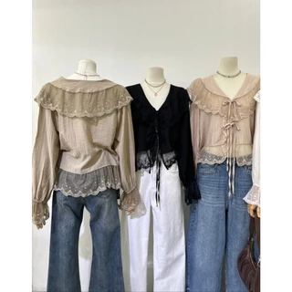 M2250 เสื้อแขนยาวแต่งระบายลูกไม้สุดคิ้วท์ ไอเทมใหม่ที่สาวๆ ต้องมีติดตู้! เสื้อเบลาส์ผู้หญิงแขนยาวทรงพริ้ว