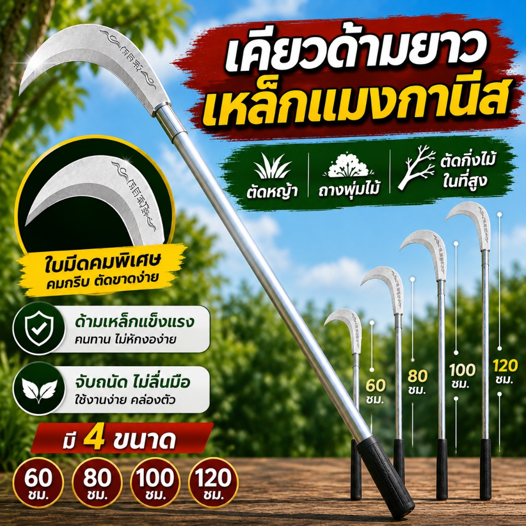 เคียวเหล็กแมงกานีส เคียวด้ามยาว ด้ามสแตนเลส 60/100/120 ซม. ตัด-ฟัน 2 in 1 เคียวเกี่ยวหญ้า เกี่ยวข้าว ตัดกิ่งไม้ งานเกษตร