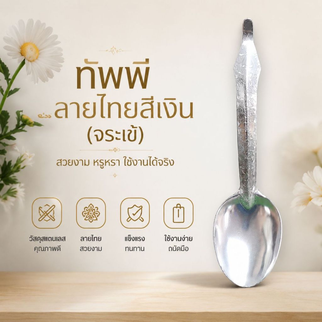 ทัพพี ขนาด7x28ซม.ทัพพีลายไทยสีเงิน (จระเข้)