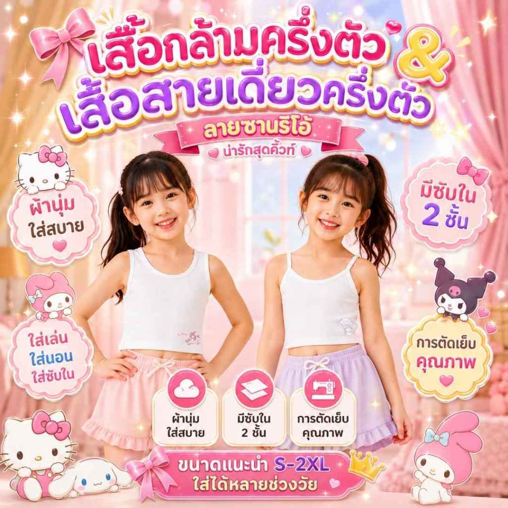 เสื้อซับในครึ่งตัว สายเดี่ยว/สายกล้าม สีขาว ซับ2ชั้น ลายการ์ซานริโอ้ เหมาะสำหรับเด็ก3-12ขวบ ผ้านุ่มใส่สบายไม่ระคายเคือง